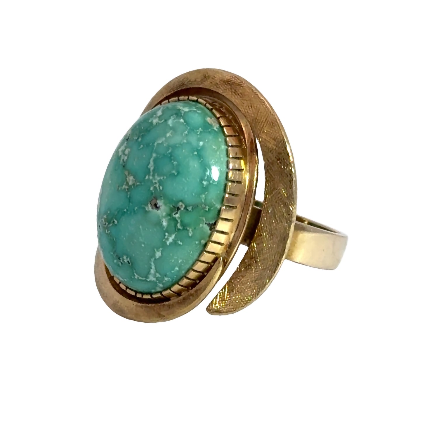 Mid-Century Retro 14K Yellow Gold Blue-Green Turquoise Ring