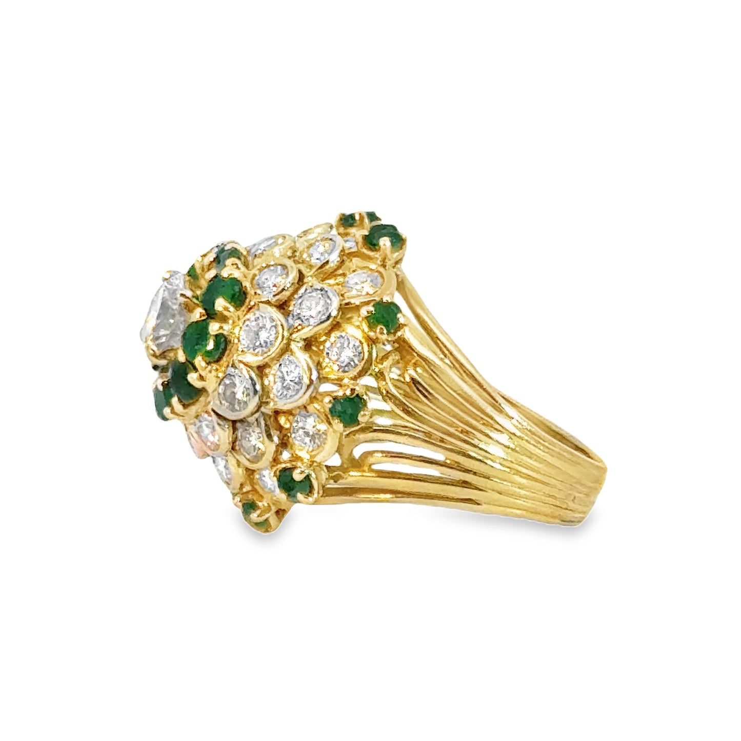 18K Yellow Gold Domed Diamond & Emerald Floral Cocktail Ring