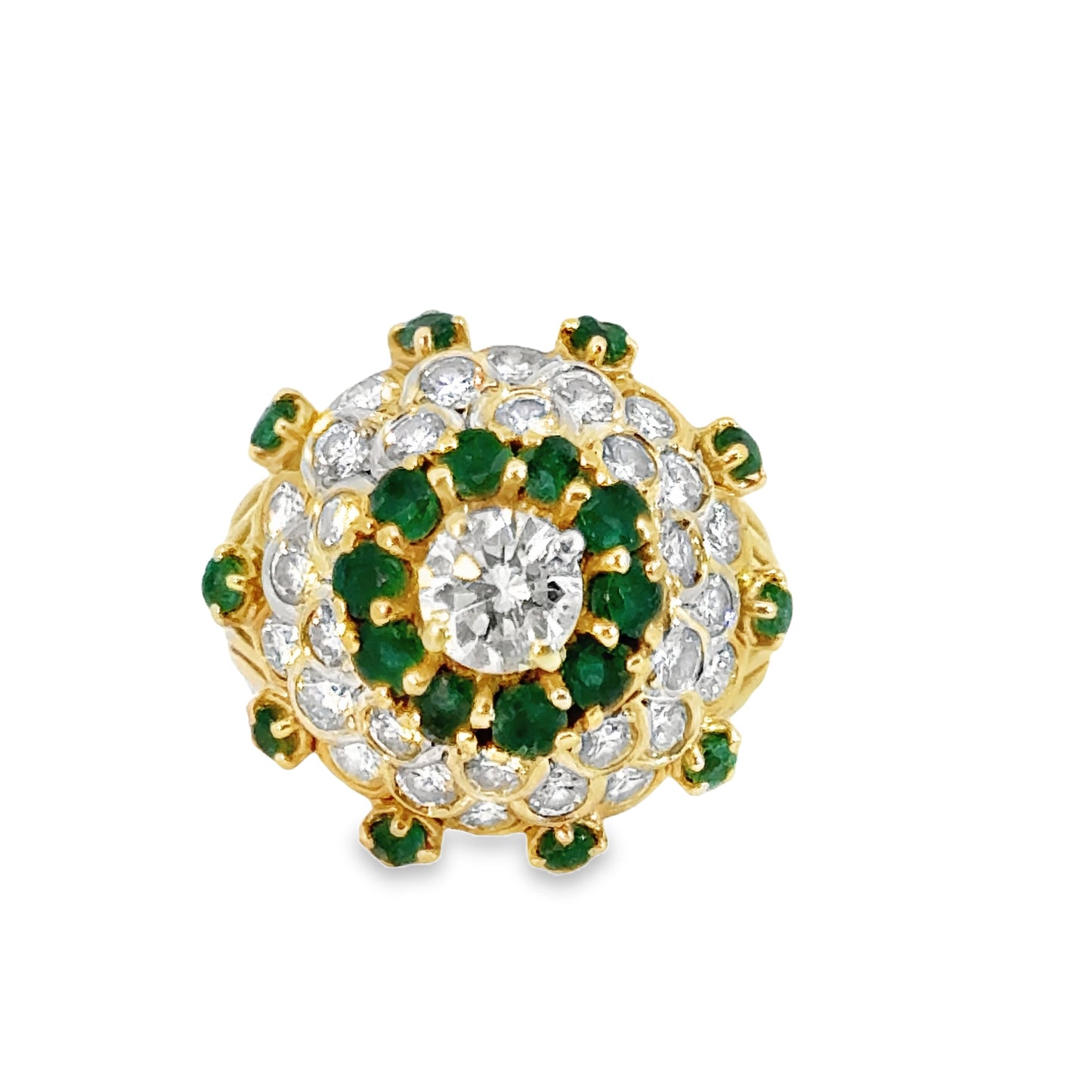 18K Yellow Gold Domed Diamond & Emerald Floral Cocktail Ring