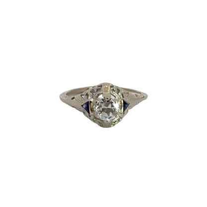 Antique 18K White Gold Diamond & Sapphire Engagement Ring