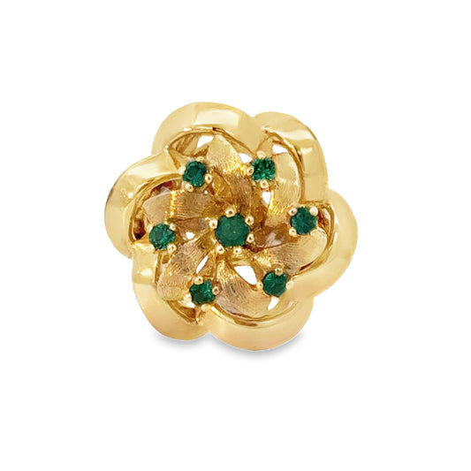 Vintage 14K Yellow Gold & Emerald Domed Flower Cocktail Ring