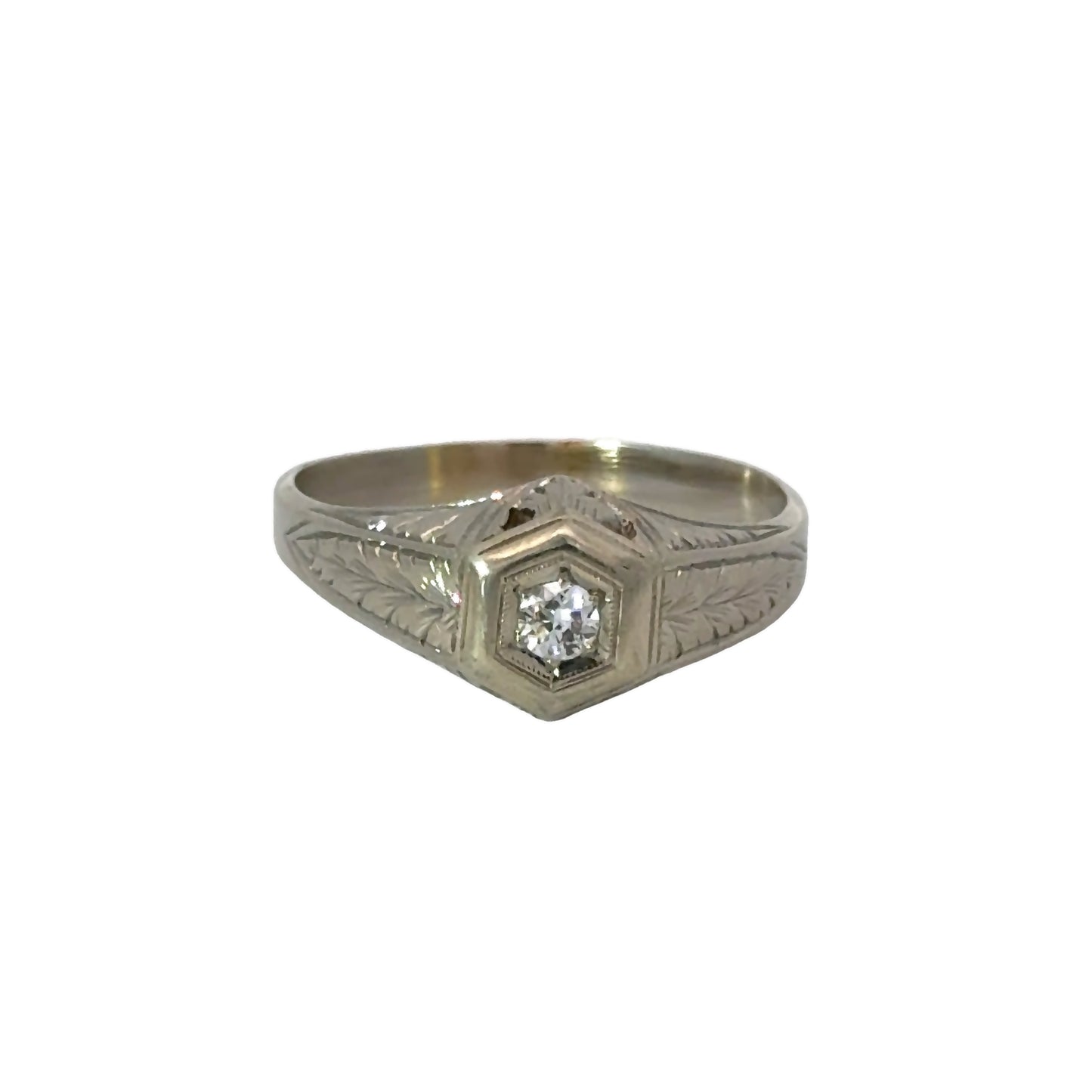 Antique 20K White Gold Leaf Design Men’s Wedding Ring