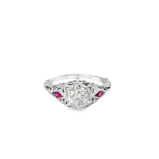 Gorgeous 18K White Gold Ruby & Diamond Antique Engagement Ring