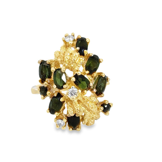 1960’s Vintage 14K Yellow Gold Green Tourmaline & Diamond Ring