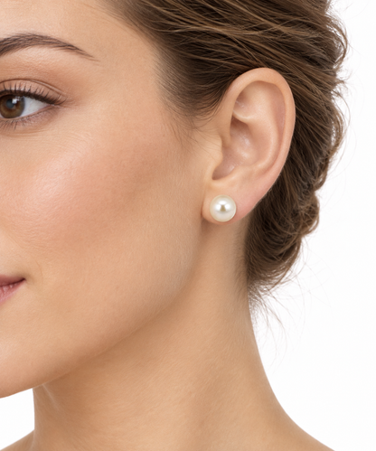 8mm Freshwater Button Pearl Stud Earrings in Yellow Gold
