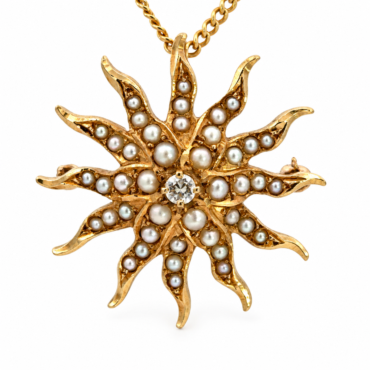 Antique Victorian 14K Yellow Gold Seed Pearl & Diamond Sunburst Convertible Pendant/Brooch