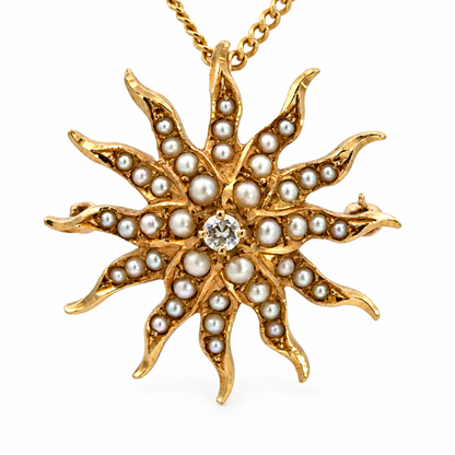 Antique Victorian 14K Yellow Gold Seed Pearl & Diamond Sunburst Convertible Pendant/Brooch