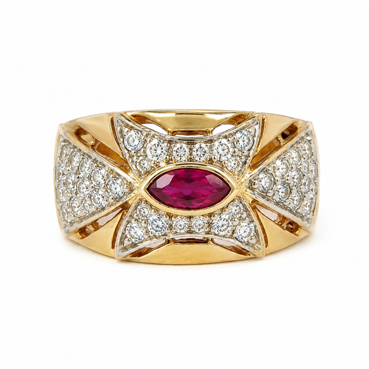 14K Yellow Gold Marquise Ruby Diamond Vintage Cocktail Ring