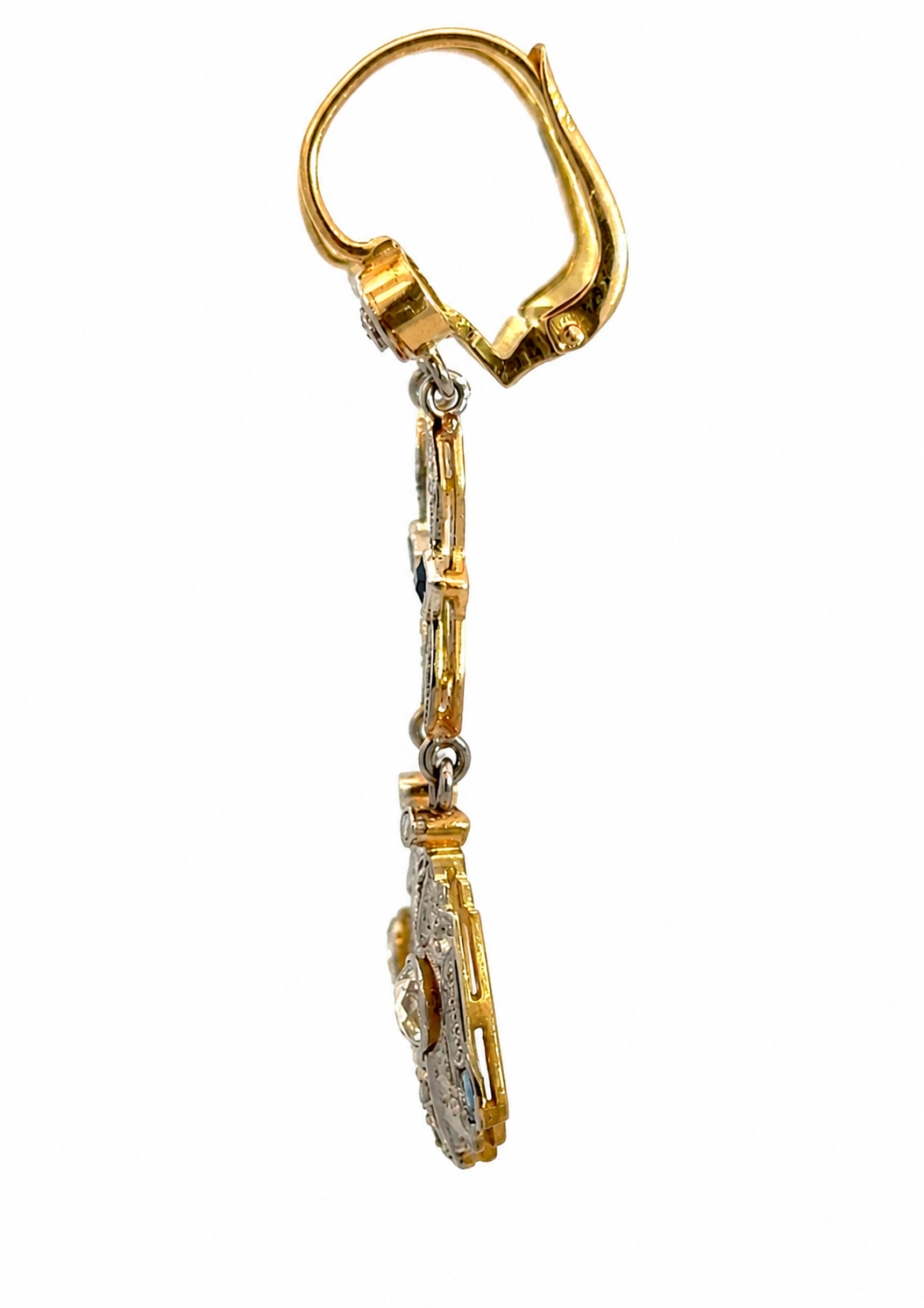 Antique Art Deco 18K Two-Tone Gold Sapphire & Diamond Filigree Drop Earrings