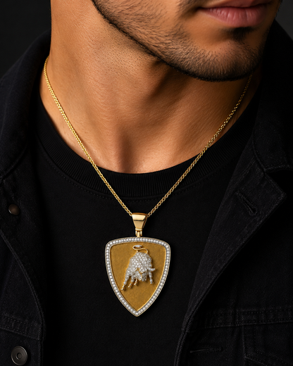 Yellow Gold Diamond Charging Bull Shield Pendant Large Bail