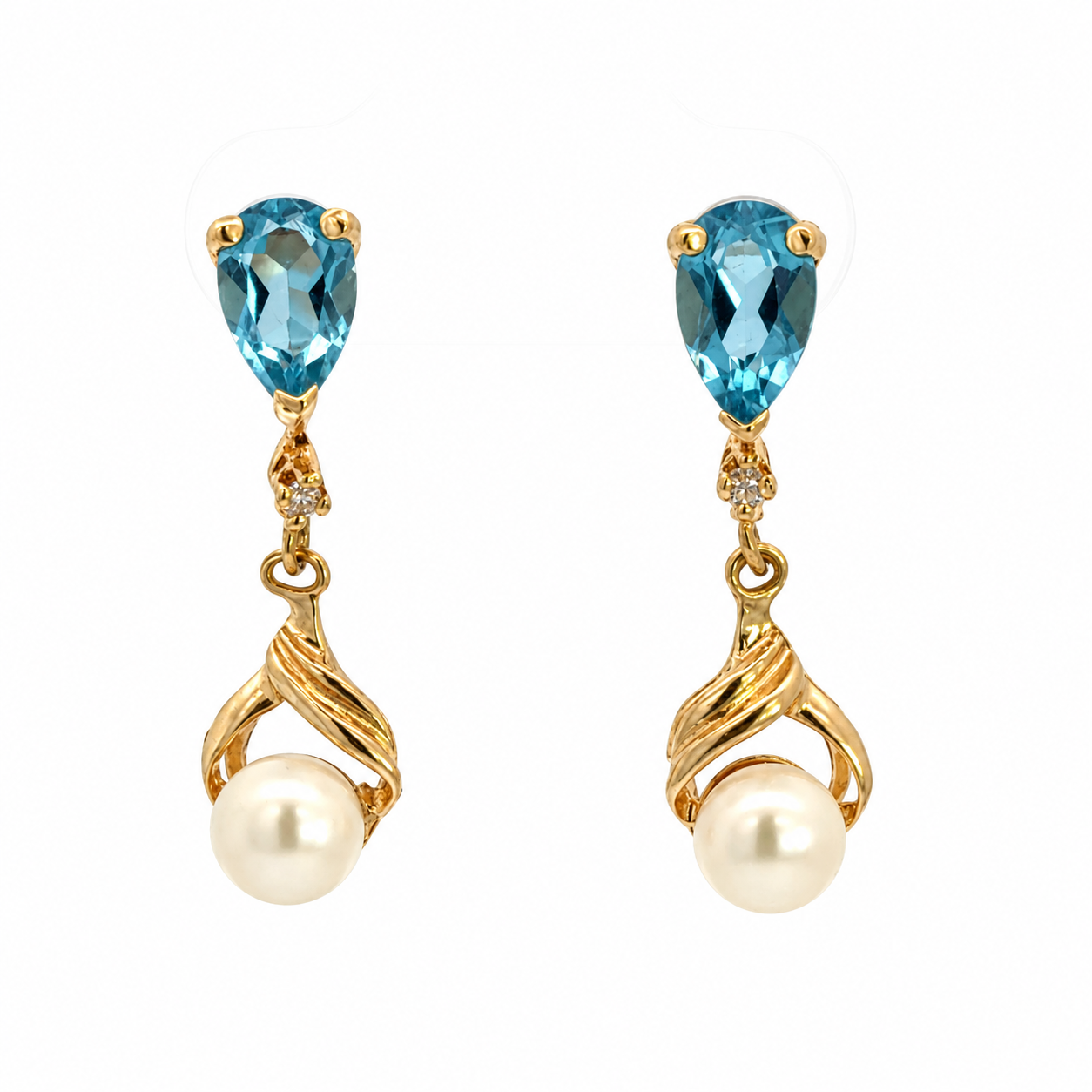 14K Yellow Gold Blue Topaz & Pearl Drop Earrings