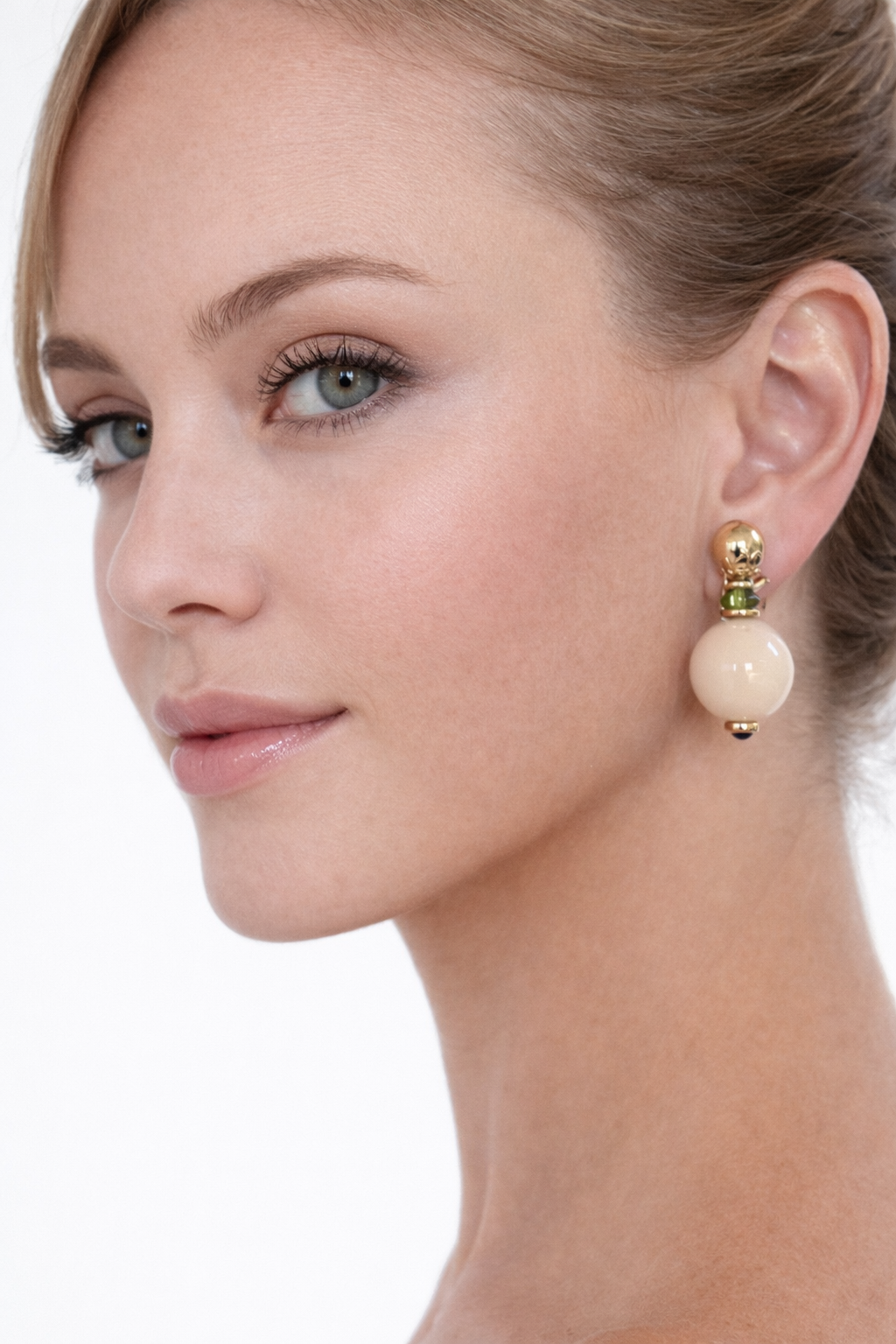 Vintage White Agate Bead Earrings with Green Tourmaline and Sapphire