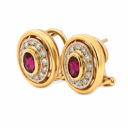 Vintage Magenta Ruby & Diamonds Oval Earrings in 18K Gold