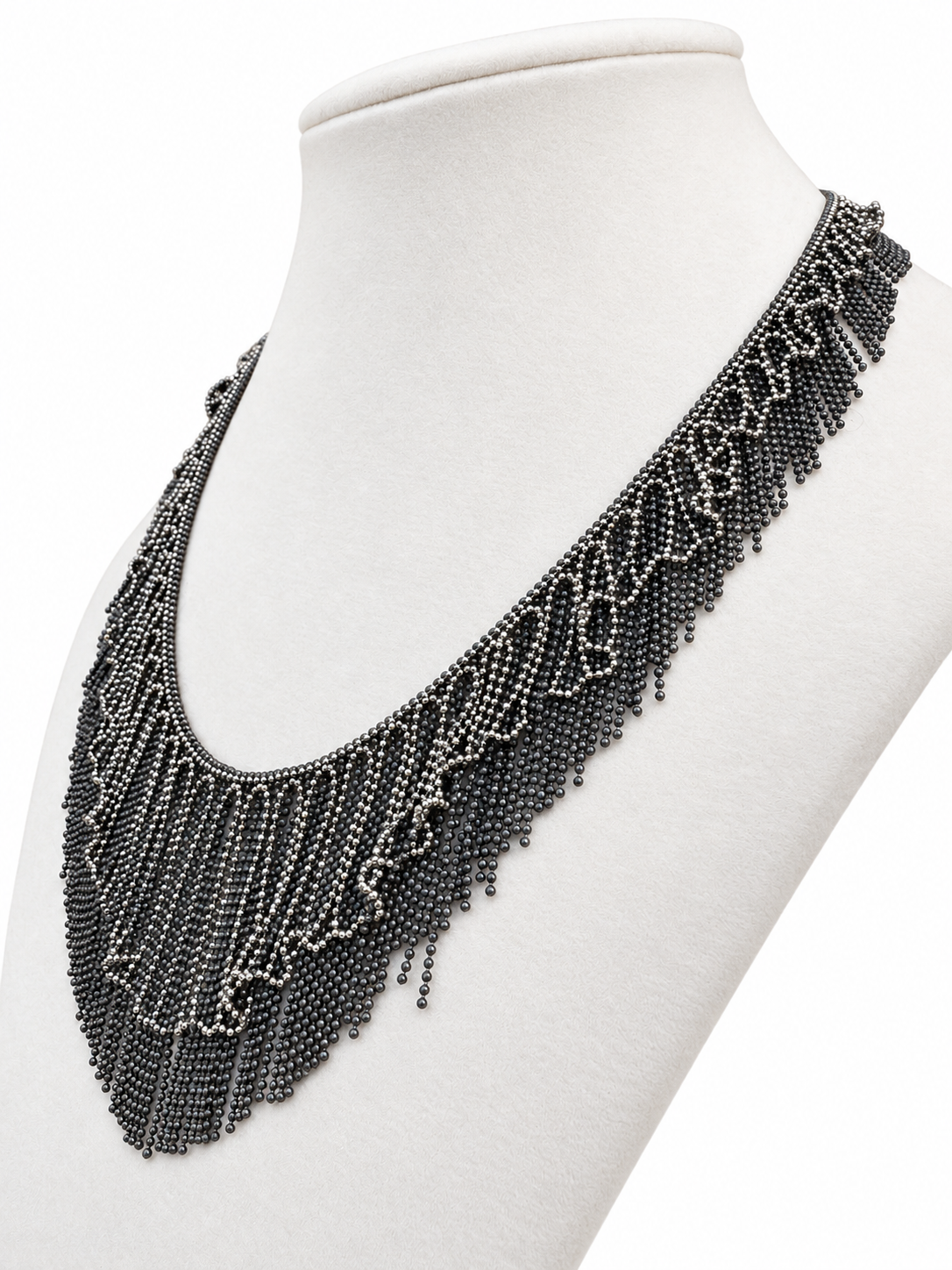 Platinum Graduated Lace-Like Fringe Necklace with Bright and Dark Patinated Details