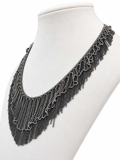 Platinum Graduated Lace-Like Fringe Necklace with Bright and Dark Patinated Details