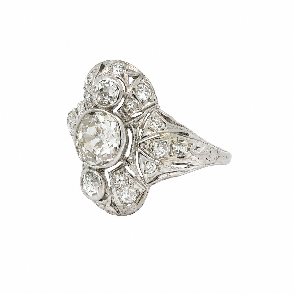 Antique Platinum Old Cut Diamond Ring with Rose Cut Diamonds