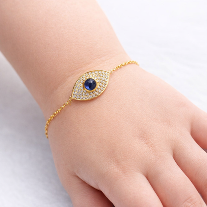 18K Yellow Gold Evil Eye Bracelet, Diamonds & Sapphire, Adjustable