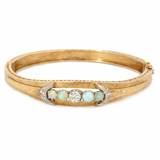 Vintage 14K Yellow Gold Opal & Diamond Textured Bangle Bracelet – 1940s