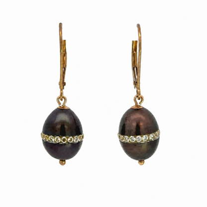 Vintage 14K Yellow Gold Black Pearl & Cubic Zirconia Drop Earrings