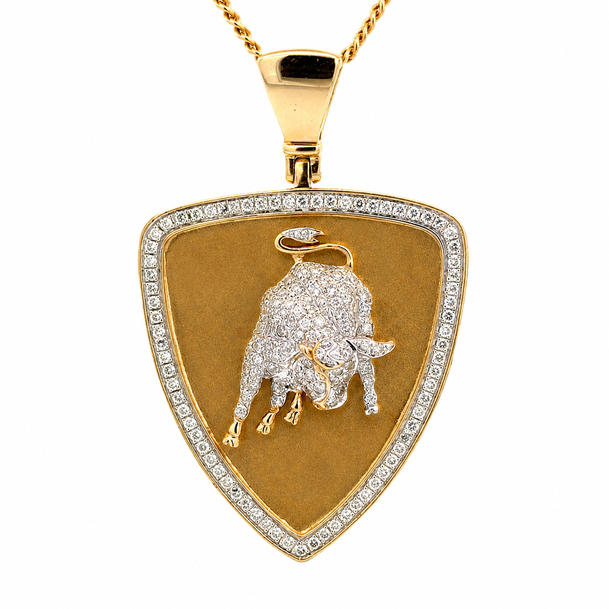 Yellow Gold Diamond Charging Bull Shield Pendant Large Bail