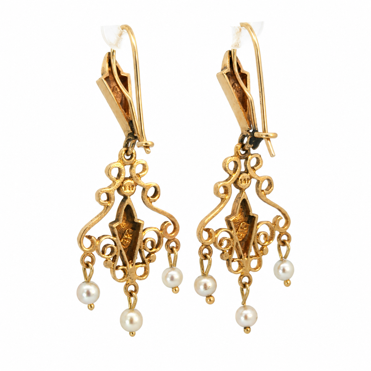 14K Yellow Gold Blue Enamel & Seed Pearl Filigree Chandelier Earrings