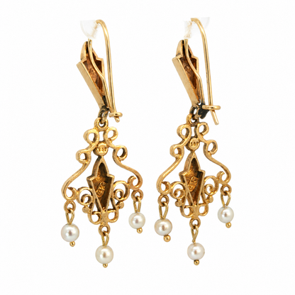 14K Yellow Gold Blue Enamel & Seed Pearl Filigree Chandelier Earrings
