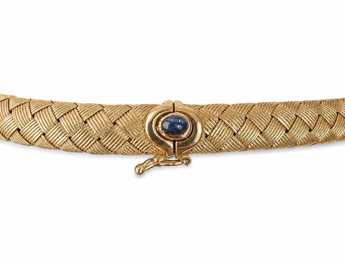 Italian 18K Yellow Gold Braided Necklace with Sapphire Clasp