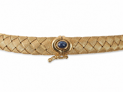 Italian 18K Yellow Gold Braided Necklace with Sapphire Clasp