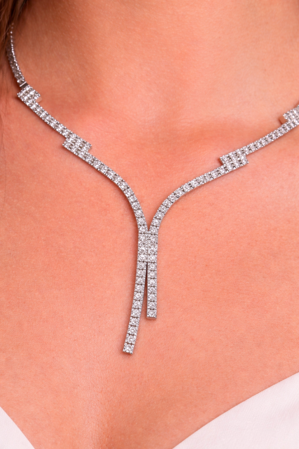 Diamond Fringe Drop Necklace 18K White Gold