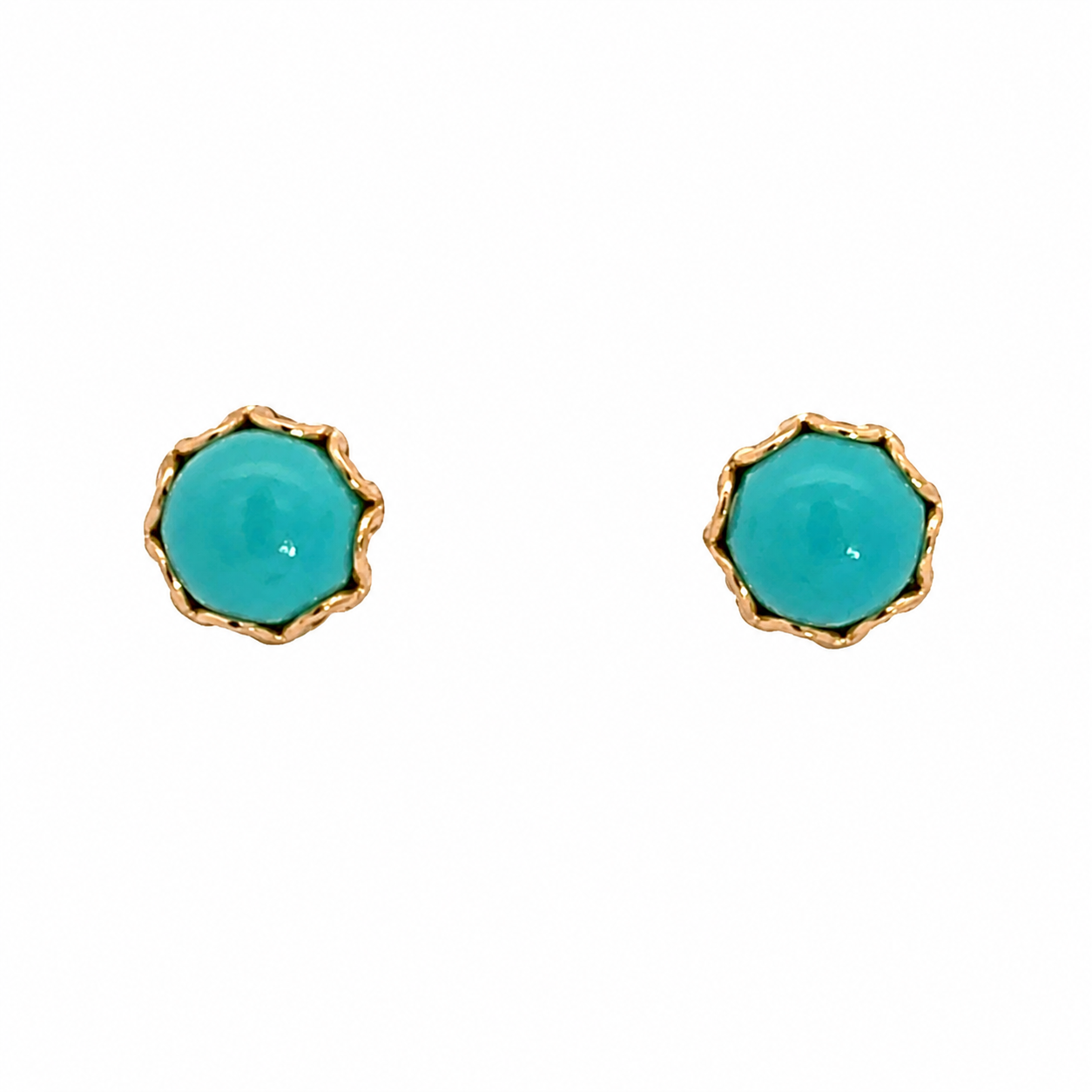 Petite Turquoise Cabochon Stud Earrings in 14K Scalloped Gold