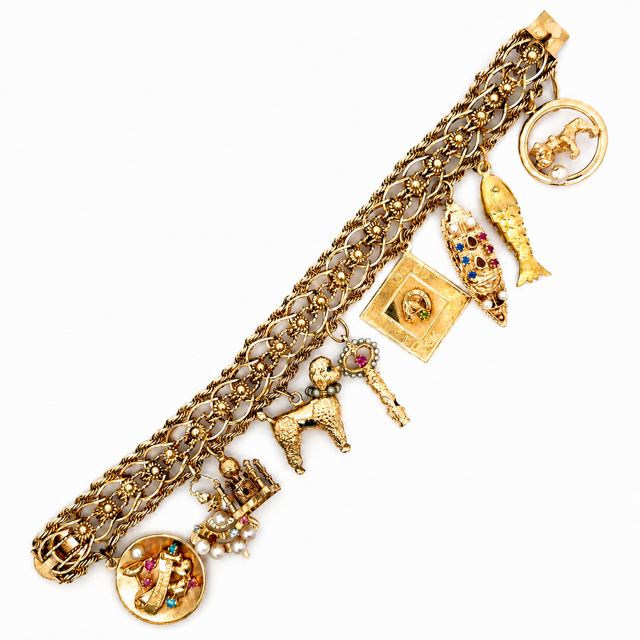Vintage 14K Yellow Gold Story Charm Bracelet with Nine Gemstone & Pearl Charms