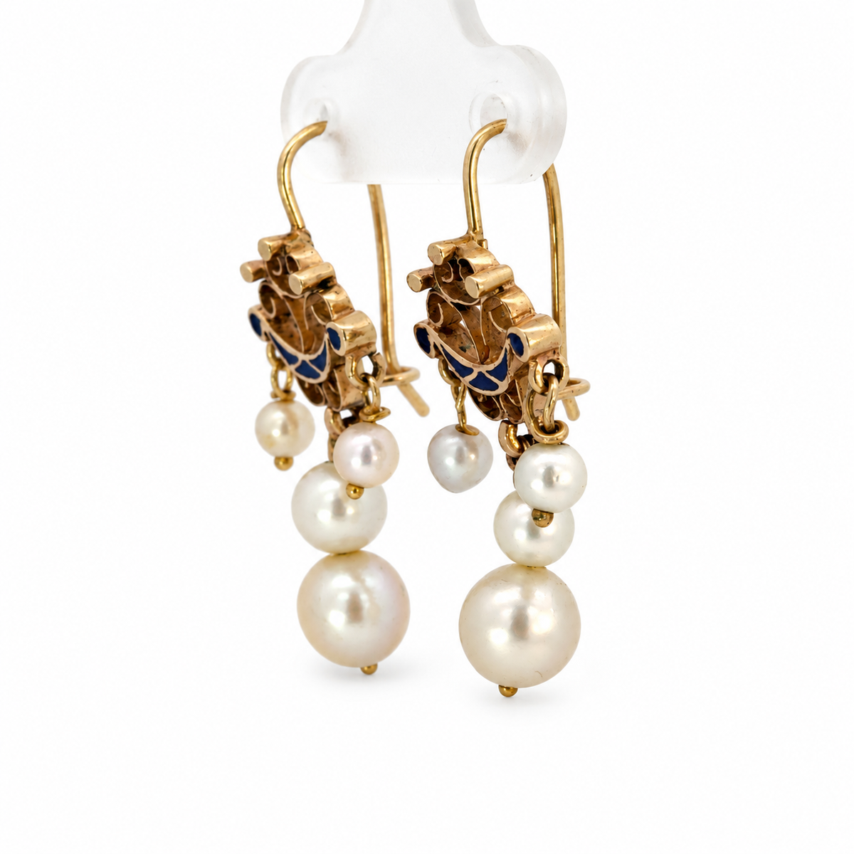 Antique 14K Yellow Gold Dark Blue Enamel & Pearl Drop Earrings