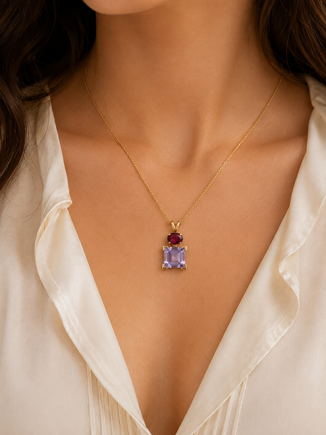 14K Yellow Gold Tourmaline & Amethyst Pendant