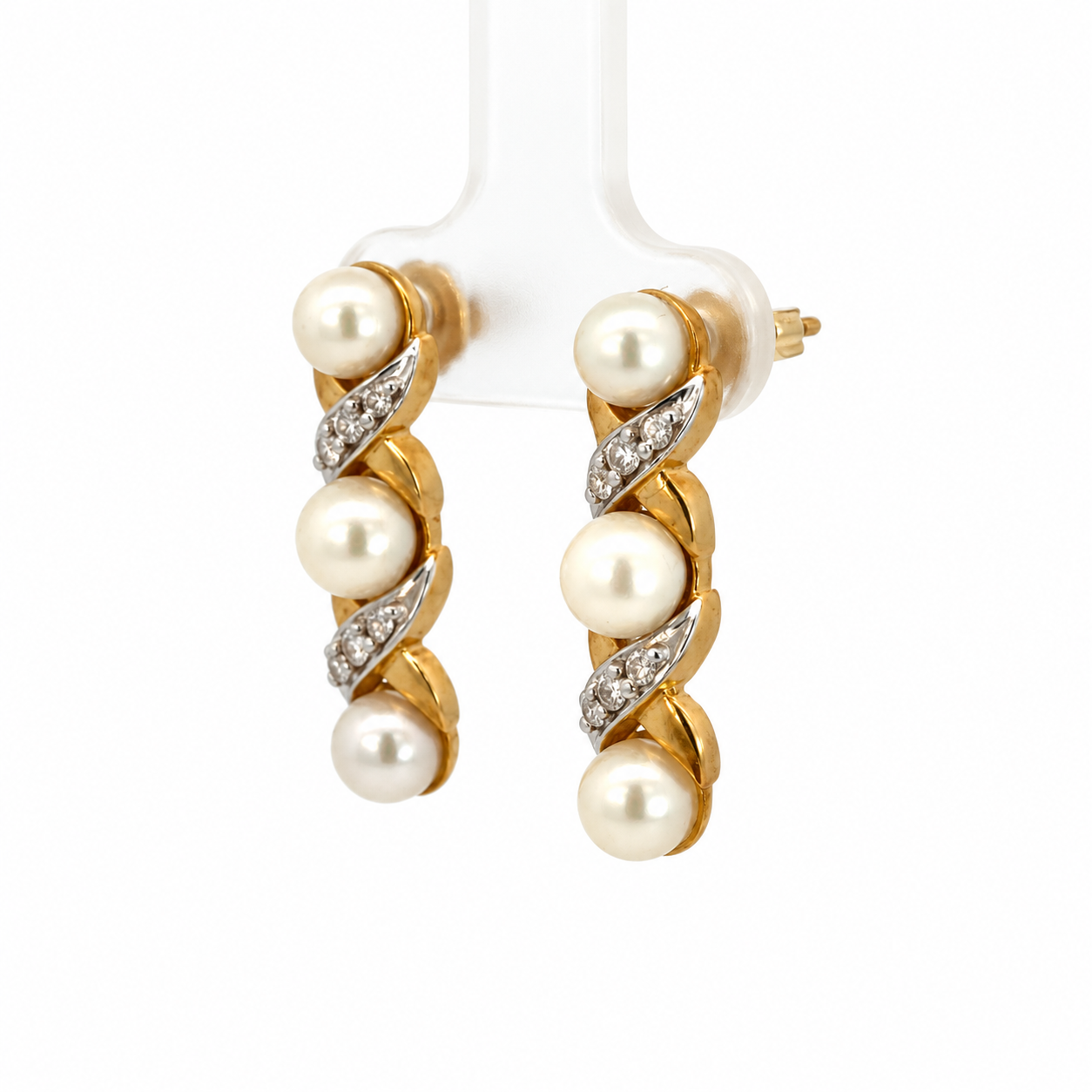 14K Two-Tone Gold Pearl & Diamond Drop Earrings