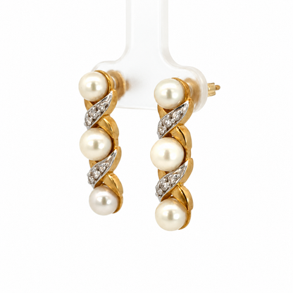 14K Two-Tone Gold Pearl & Diamond Drop Earrings