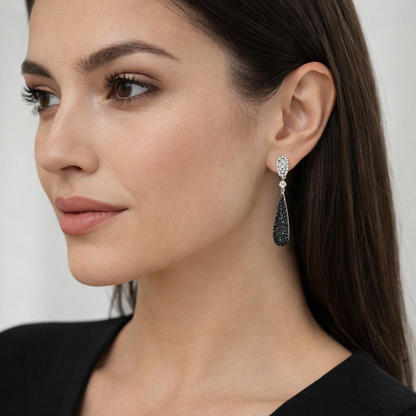 14K White Gold Black & White Diamond Drop Earrings French Clip