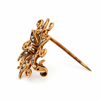 Vintage Gray Seed Pearl & Diamond Gold Scroll Brooch