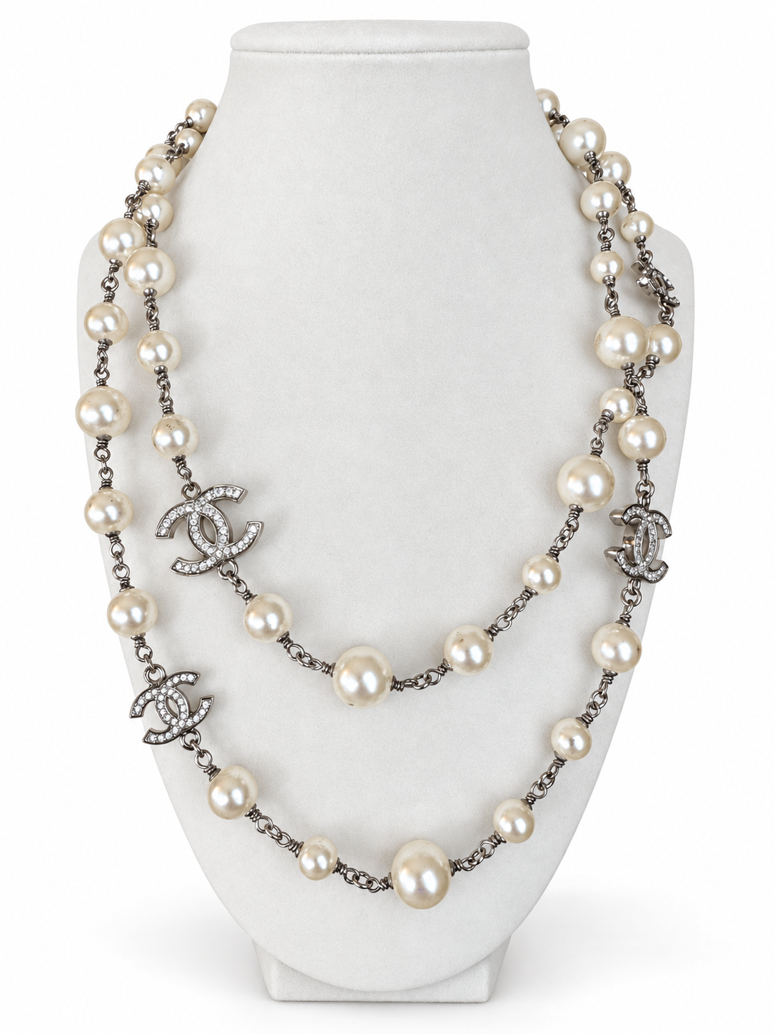 CHANEL A36121 Long Glass Pearl & Crystal Five CC Sautoir Necklace 42” with Original Box
