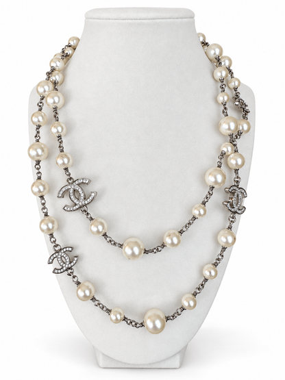 CHANEL A36121 Long Glass Pearl & Crystal Five CC Sautoir Necklace 42” with Original Box