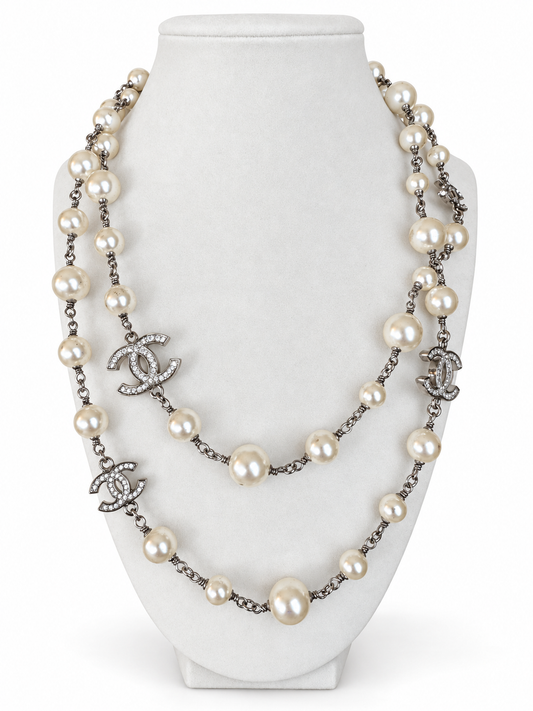 CHANEL A36121 Long Glass Pearl & Crystal Five CC Sautoir Necklace 42” with Original Box