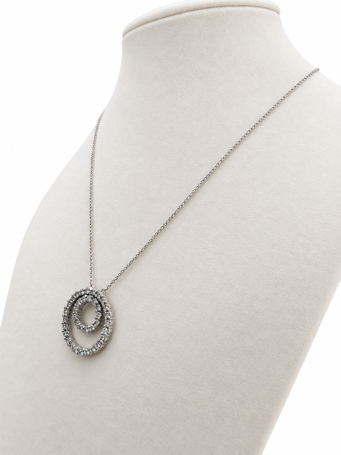 14K White Gold Diamond Double Circle Pendant Necklace, 16.5 Inches