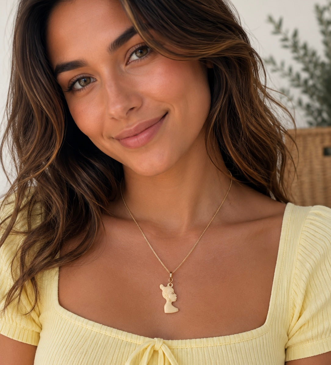 14K Yellow Gold Carved Lady Pendant