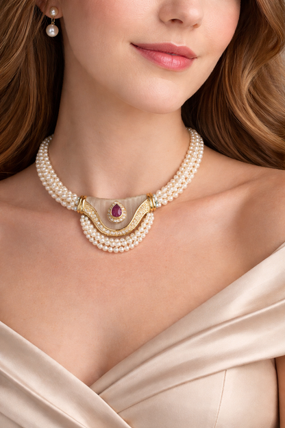 Vintage Pearl Necklace with Ruby & Diamonds 18K Pendant