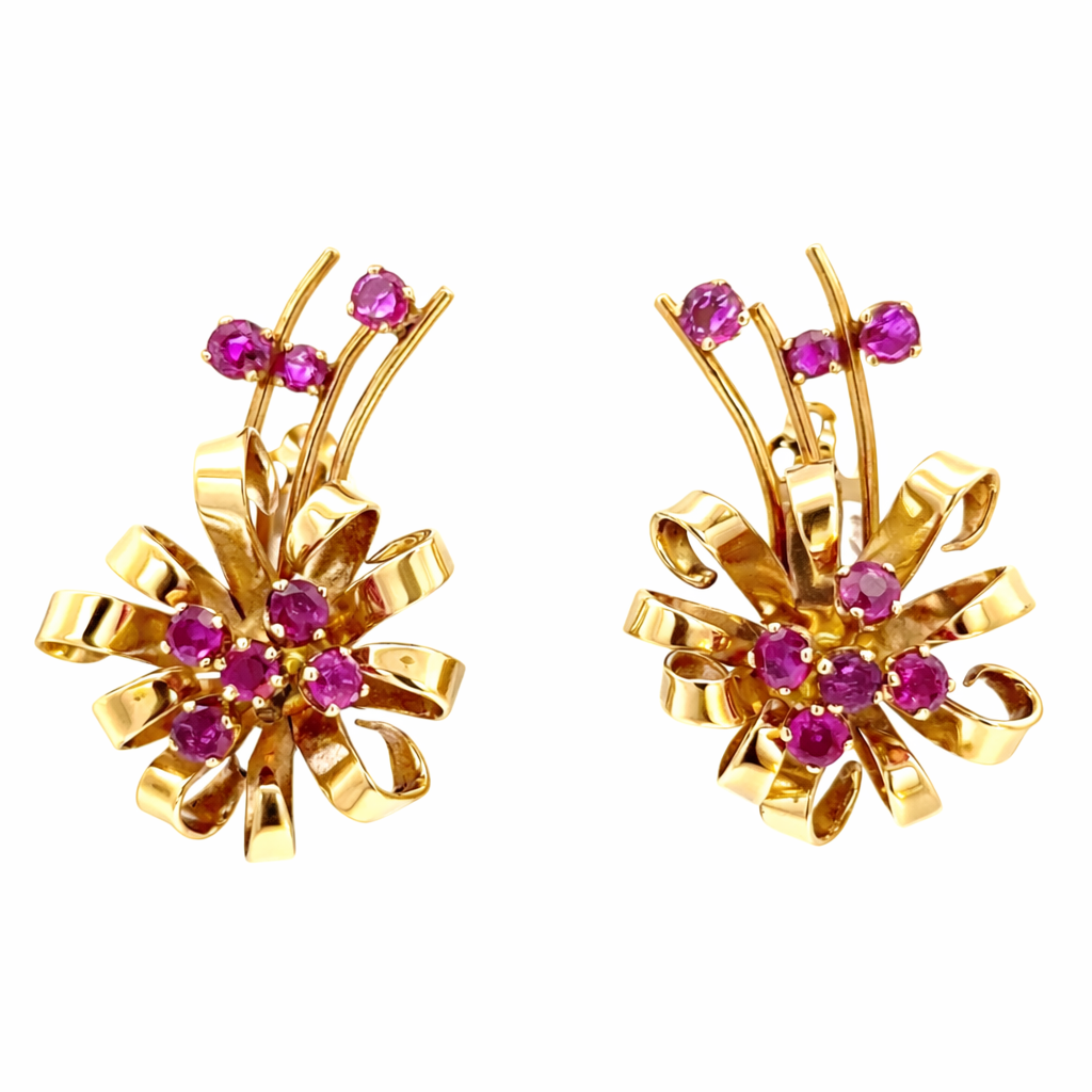 Vintage Retro 14K Rose Gold Ruby Floral Ribbon Clip-On Earrings