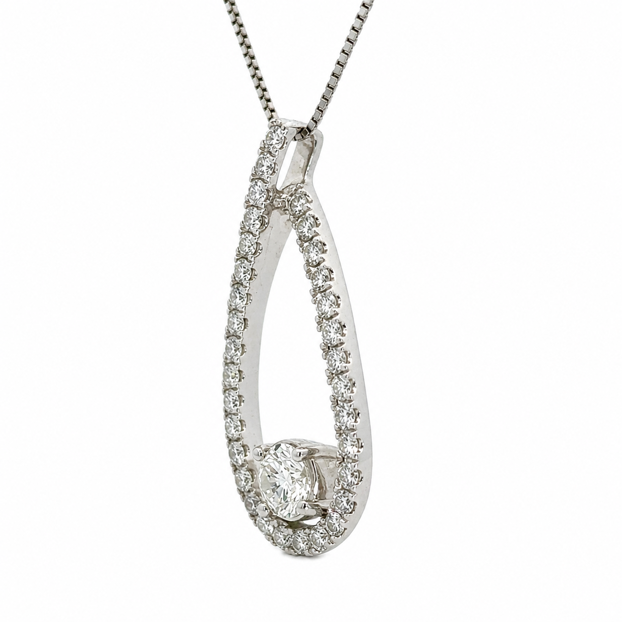 14K White Gold Diamond Drop Necklace with Box Chain
