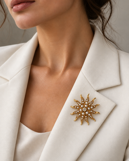 Antique Victorian 14K Yellow Gold Seed Pearl & Diamond Sunburst Convertible Pendant/Brooch