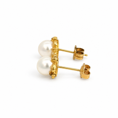 14K Yellow Gold Pearl Floral Stud Earrings