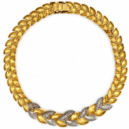 Vintage 18K Yellow Gold Diamond Leaf-Link Collar Necklace