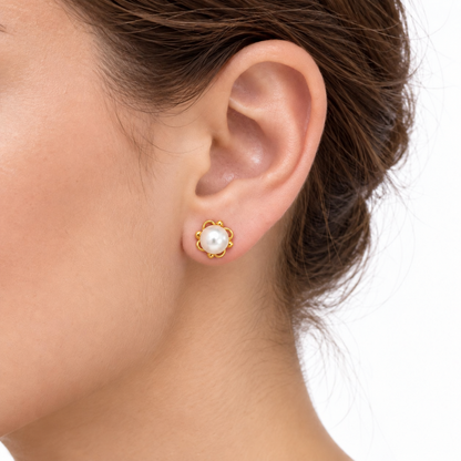 14K Yellow Gold Pearl Floral Stud Earrings