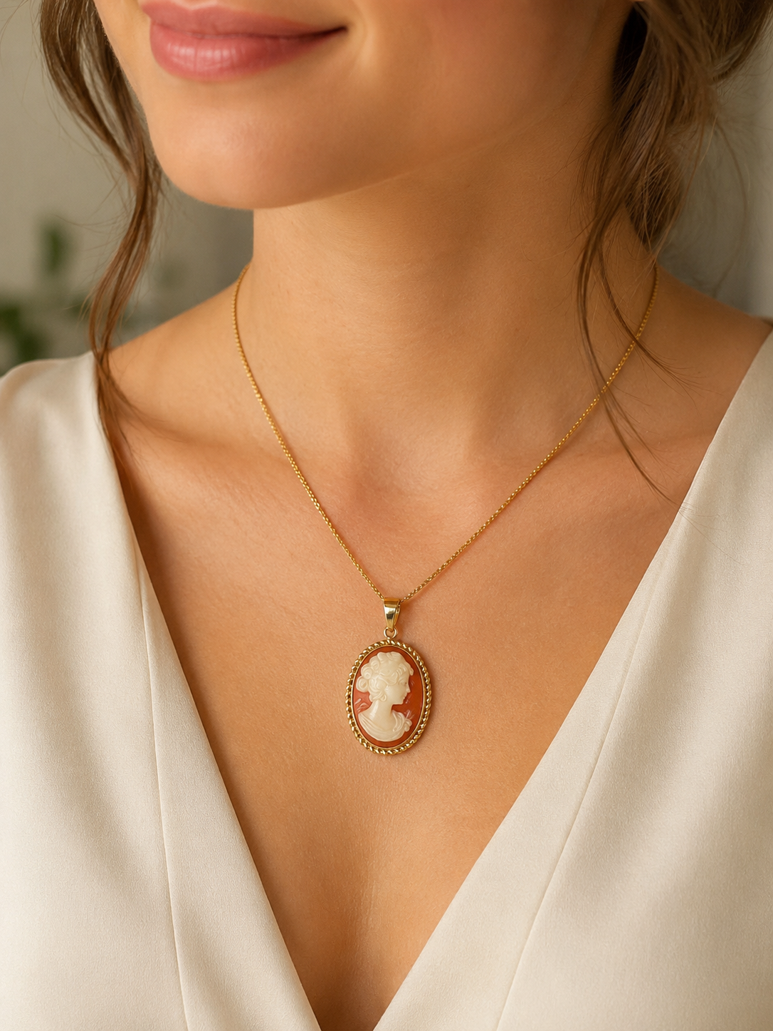 Classic 14K Yellow Gold Cameo Pendant Lady Portrait